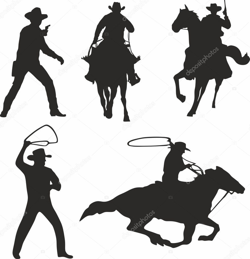 Vector set of silhouettes of cowboys. Shadows of the people of America. Men with weapons and lasso on horseback