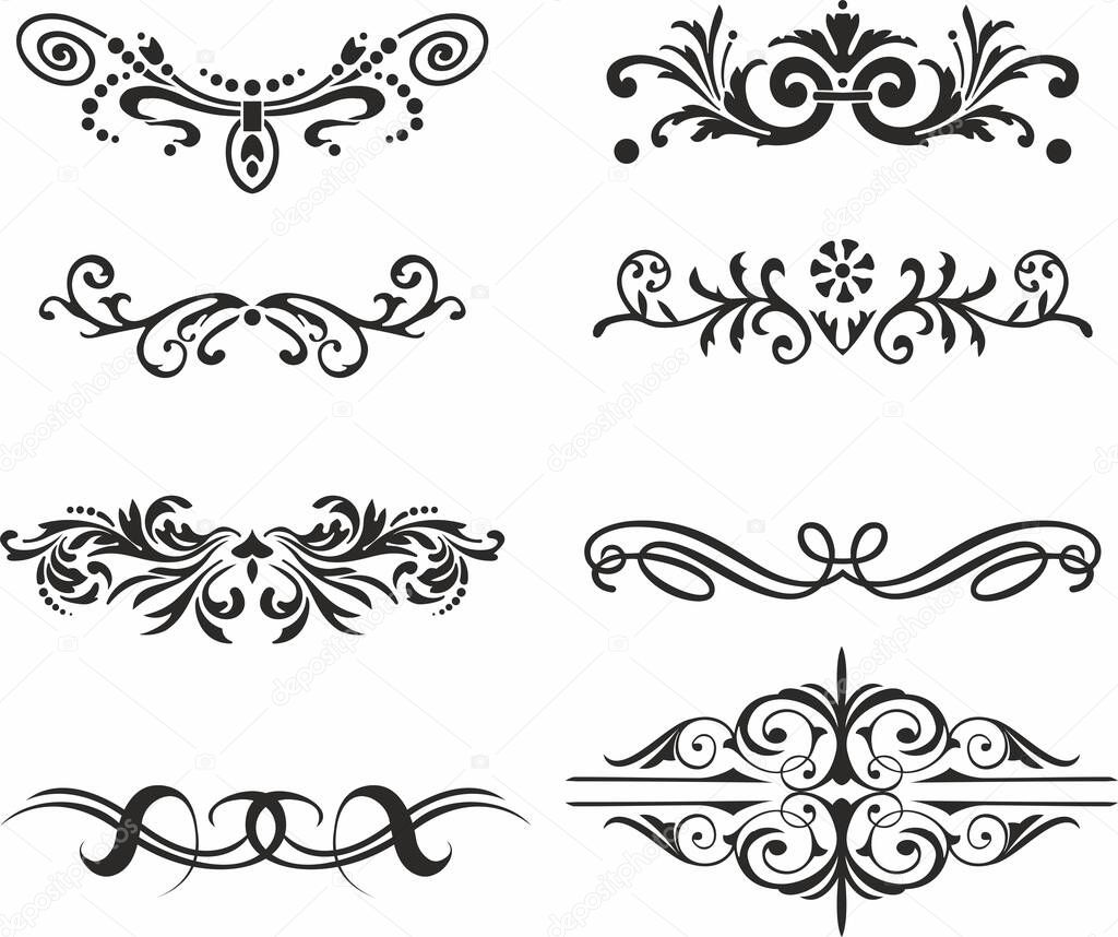 Vector set of monograms, heraldic ornaments. Designer text dividers. Patterns from lines. Letter border