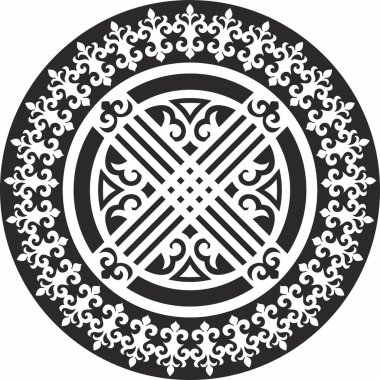 Vector monokrome Kazak ulusal süs shanyrak. Yurt dekorasyonu. Büyük bozkırların, Kirghiz 'in, Kalmyks' in, Buryatların, Moğolların göçebe ırk kalıpları.