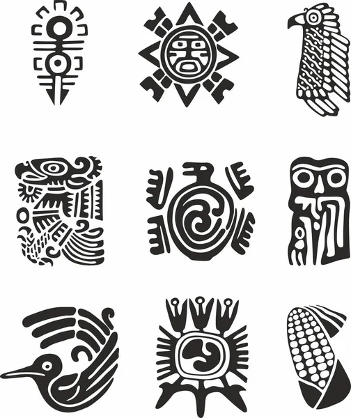 Vector Set Monochrome Indian Symbols National Ornament Native Americans Aztecs — Stock Vector