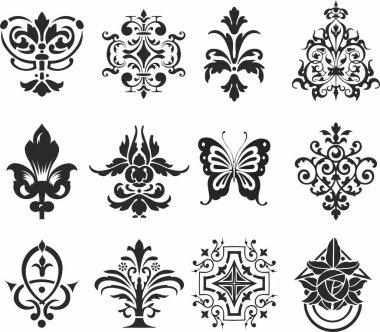 Şekil verilmiş amblemlerden oluşan bir vektör seti. Dövme ve lazer kesiği için çeşitli parmak izleri. dantel, çiçek ve kelebek