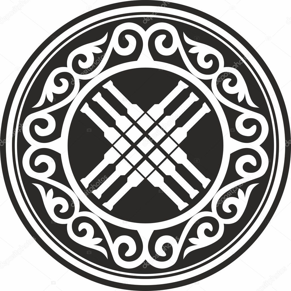 Vector monochrome Kazakh national pattern shanyrak. Yurt decoration, chimney. Ethnic ornament of the nomadic peoples of Asia, the Great Steppe, Kazakhs, Kirghiz, Kalmyks, Mongols, Buryats, Turkmens