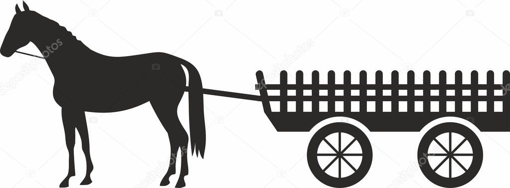 Vector monochrome silhouette of a horse with a cart. The shadow of a harnessed animal