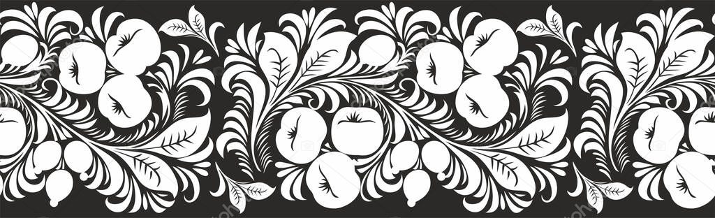 Vector seamless monochrome fruit and berry Russian national pattern border, Khokhloma. Ethnic endless frame ornament of the Slavic peoples of Europe