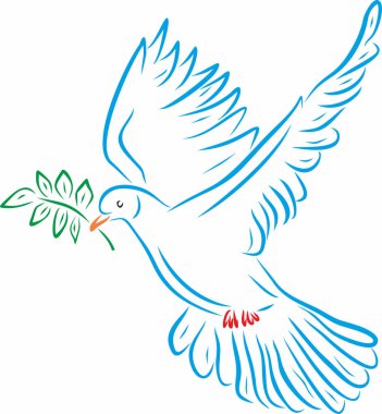 Mavi, beyaz bir güvercinin vektör silueti. Renkli bir kuşun çizimi. Zeytin dalı uzatan barış güvercini. Hristiyan sembolü Nuh 'un Gemisi. Haberler iyi. İncil efsanesi