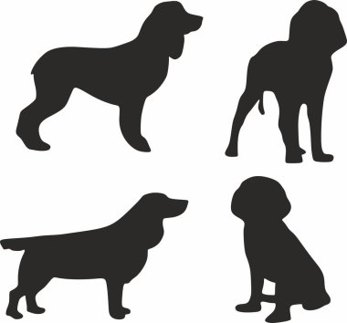 Küçük köpeklerin siluetleri vektör seti. İspanyol avcılarının gölgeleri. Uzun kulaklı hayvanlar.