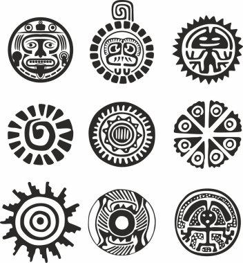 Kızılderili ulusal sembollerinin vektör monokrom seti. Amerika, Aztek, Maya, İnka, Peru, Brezilya, Meksika, Honduras, Guatemala halklarının etnik yuvarlak süslemeleri.