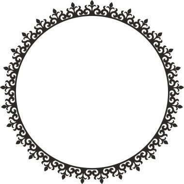 Vector round monokrom Kazak ulusal çerçevesi. Süs çemberi. Büyük Steppe, Kırgız, Moğollar, Beşir, Buryatlar, Kalmikler 'in göçebe halklarının etnik desenleri.