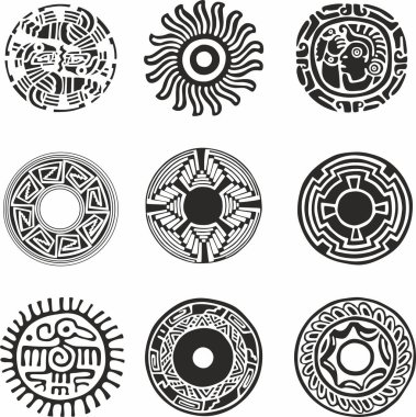 Vector round monokrom Hint karakter kümesi. Yerli Amerikalıların çemberindeki totem. Güney ve Orta Amerika halklarının işaretleri ve sembolleri, Aztek, Maya, İnka