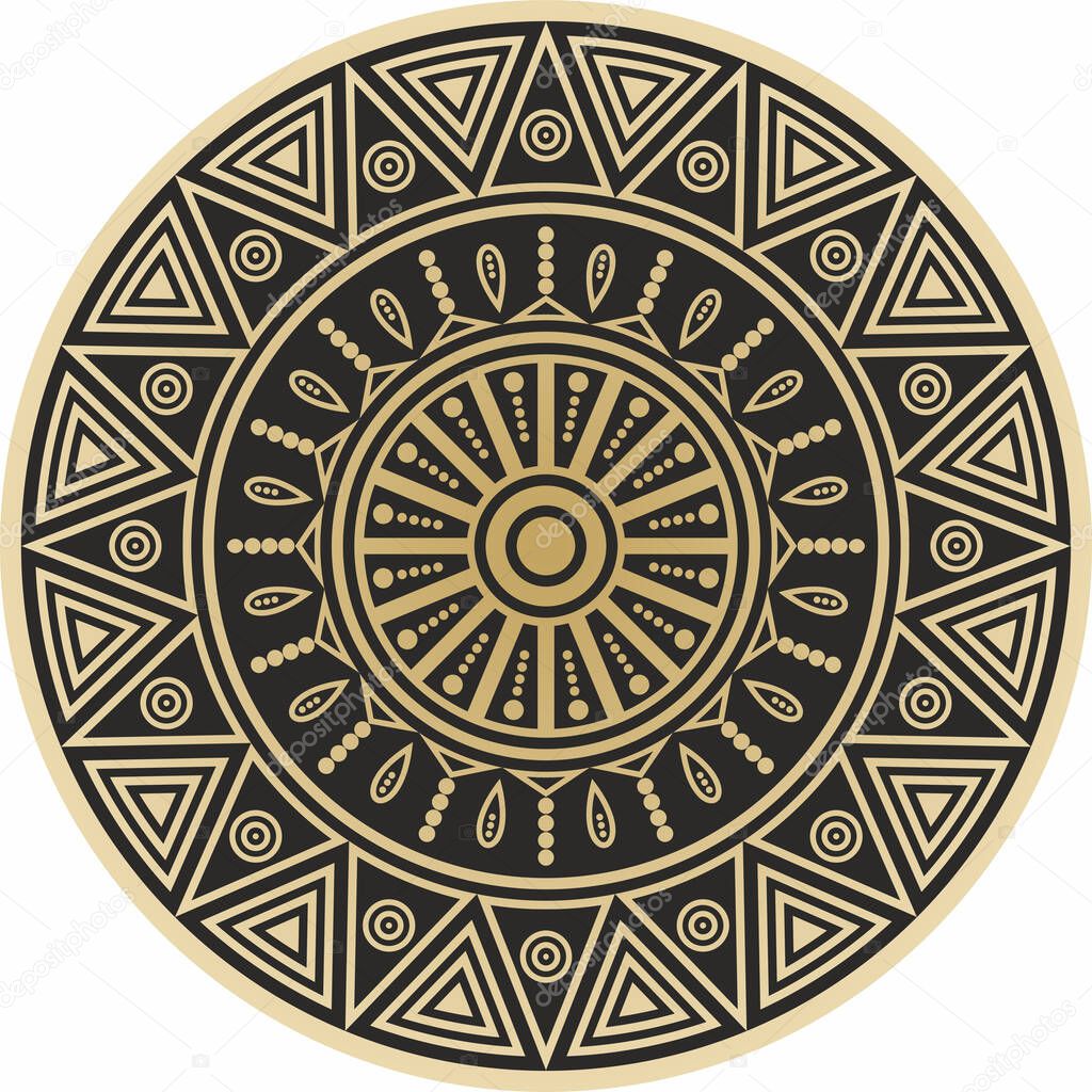 Vector round gold indian ornament. Totem in the circle of Native Americans. Geometric pattern of the peoples of South and Central America, Aztec, Maya, Incas