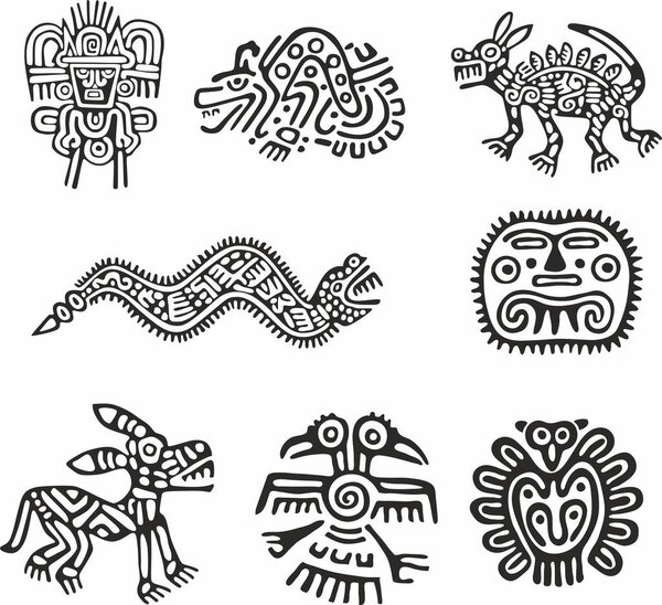 Vector monochrome set of native american symbols. Pattern totem of the peoples of Central and South America, Aztecs, Maya, Incas
