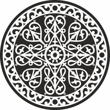 Vektör yuvarlak tek renkli Yakut ulusal süsü. Uzak Kuzey, Sibirya, Taiga ve Tundra halklarının etnik çember şekilleri