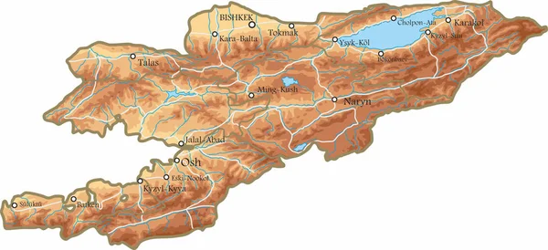 Fizyczna Mapa Wektorowa Republiki Kirgistanu Terytorium Państwa Dużymi Miastami Drogami — Wektor stockowy