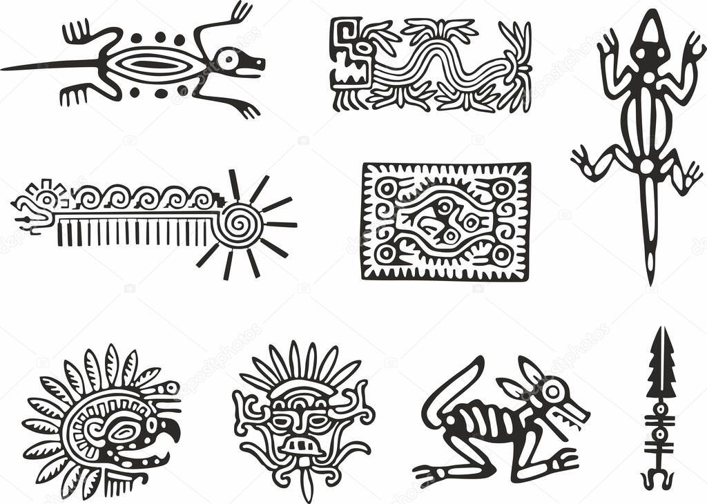 Vector monochrome Indian symbols. Sacred signs of Native American tribes. Aztec, Maya, Incas