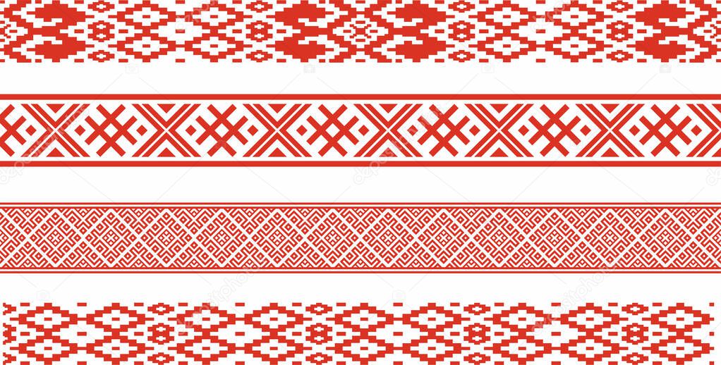 Vector red set of seamless belarusian national ornament. Ethnic pattern of Slavic peoples, Russian, Ukrainian, Serb, Pole, Bulgarian. Cross stitch template