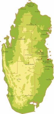 Katar Cumhuriyeti 'nin vektör rengi fiziksel haritası. Yolları, bölgeleri ve büyük şehirleri olan bir Asya devletinin bölgesi. Ülkenin coğrafyası