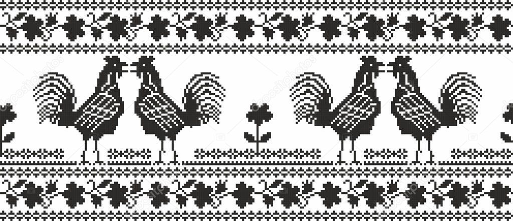 Vector monochrome seamless Ukrainian national ornament flowers and roosters. Ethnic endless pattern, border, frame of Slavic peoples, Russian, Belarusian, Serb, Bulgarian, Pole. Cross-stitch