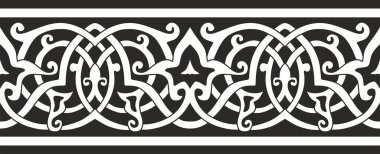 Vektör monokrom, pürüzsüz Arap süsü. Sınırda sonsuz siyah arabesk. Kum püskürtme, lazer ve entrikacı kesme için