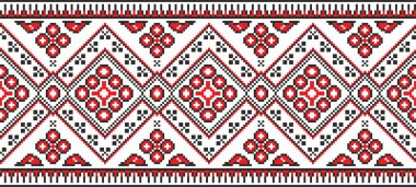 Vektör renksiz Ukrayna ulusal süsü, nakış. Slav halkının çerçevesi, sınırsız etnik çiçek sınırı. Kızıl haç dikişi