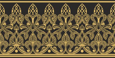 Vektör altın pürüzsüz doğu ulusal süsü. Sonsuz etnik çiçekli sınır, Arap insanları çerçeveli. Farsça resim.