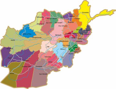 Afganistan 'ın nehir, göl, büyük şehirler ve bölge sınırlarıyla ilgili vektör rengi idari haritası. Asya devletinin toprakları.