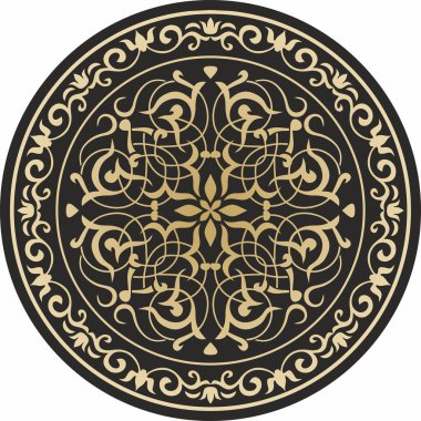 Vector round altın klasik süs. Siyah arka planda Avrupa altın desenli bir daire. Tavan dekorasyonu, antik Roma, Yunanistan.