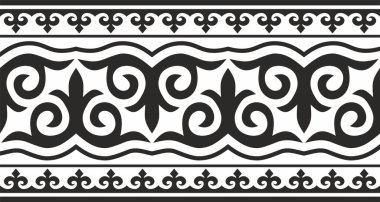 Vektör monokrom dikişsiz Kazak ulusal süsü, yurt dekorasyonu. Sonsuz kara sınır, Büyük Steppe 'in göçebe halklarının çerçevesi. Kum püskürtme, lazer ve entrikacı kesme için.