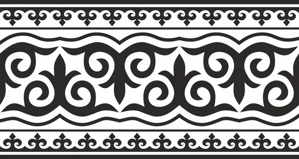 Vektör monokrom dikişsiz Kazak ulusal süsü, yurt dekorasyonu. Sonsuz kara sınır, Büyük Steppe 'in göçebe halklarının çerçevesi. Kum püskürtme, lazer ve entrikacı kesme için.