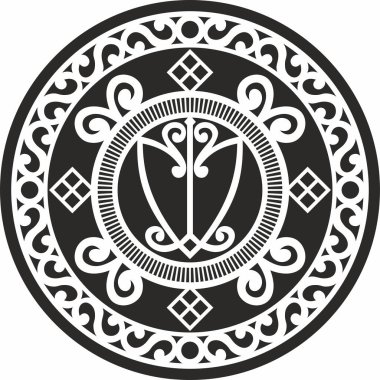 Vektör siyah Yakut ulusal süs, servet muskası. Etnik tek renkli çember, tundranın kuzey insanları, taiga, Sibirya.