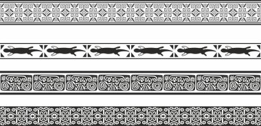 Vektör monokrom set, dikişsiz sınırlar, Amerikan yerlileri çerçeveleri. Orta ve Güney Amerika 'daki insanların, Azteklerin, Mayaların, İnkaların sonsuz düzeni..