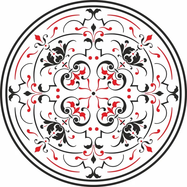 Vektorový Klasický Evropský Ornament Červený Černou Květinový Vzor Kruhu Starověká — Stockový vektor