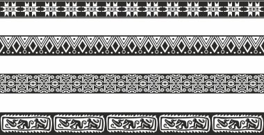 Kusursuz tek renkli Hint süslemelerinin vektör seti. Sınırlar, çerçeveler, Amerika, Aztek, Maya, İnkalar 'ın yerli halklarının desenleri..