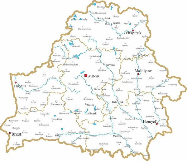 Beyaz Rusya Cumhuriyeti 'nin vektör hatlı idari haritası. Büyük şehirleri ve bölge sınırları olan devletin toprakları.