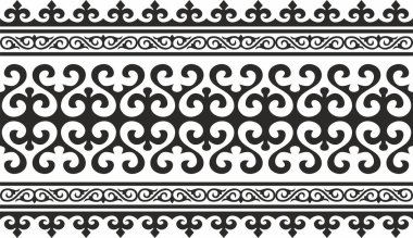 Vektör monokrom dikişsiz Kazak ulusal süsü. Büyük bozkırın göçebe halklarının etnik düzeni, Türkler. Sınır, çerçeve Moğollar, Kırgız, Buryatlar, Kalmikler.