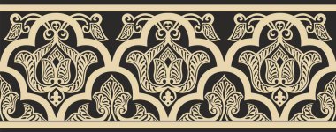 Vektör altın pürüzsüz doğu ulusal süsü. Sonsuz etnik çiçekli sınır, Arap insanları çerçeveli. Farsça resim.