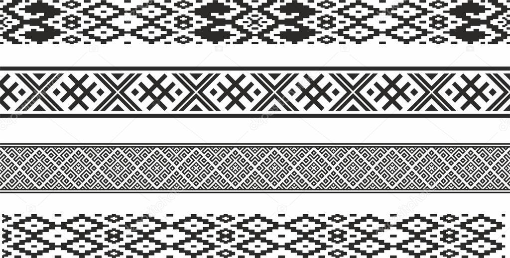 Vector set of monochrome seamless Belarusian national ornament. Ethnic endless black border, Slavic peoples frame. 