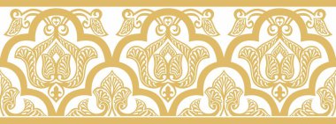 Vektör altın pürüzsüz doğu ulusal süsü. Sonsuz etnik çiçekli sınır, Arap insanları çerçeveli. Farsça resim.