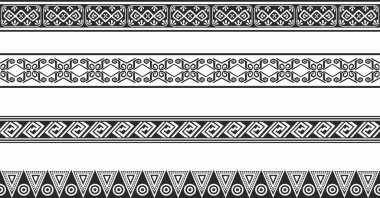 Kusursuz Hint ulusal Amerikan sınırlarının vektör monokrom kümesi. Amerika, Aztek, Maya, İnka, Peru, Brezilya, Meksika, Honduras, Guatemala halklarının sonu gelmeyen etnik süsleri..