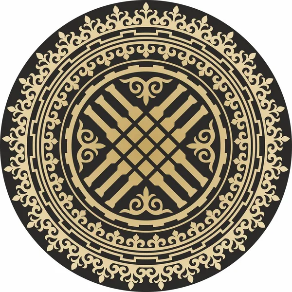 Vector Golden Round Kazak Süs Şanyrak. Yurdun çatısında çember oluşturun. Büyük bozkırın insanlarının desenleri. Çember halinde Asya sınırı. Moğolistan, Kalmykia, Bashkiria, Buryatia, Kırgızistan.