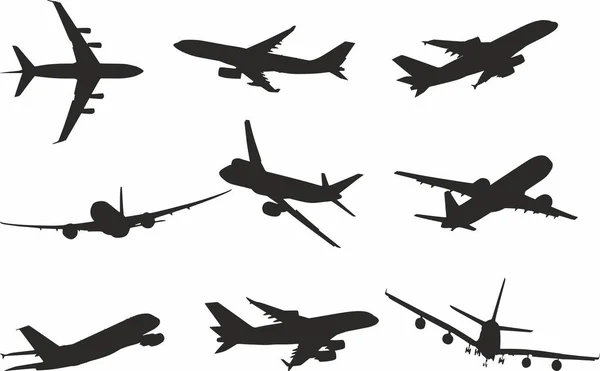 Utasszállító Repülőgép Sziluettek Vektorkészlete Vasmadarak Repülőgépek Légi Vontatók Árnyéka — Stock Vector