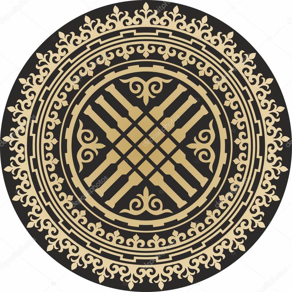 Vector golden round kazakh ornament shanyrak. circle on the roof of the yurt. Patterns of the peoples of the great steppe. Asian border in a circle. Mongolia, Kalmykia, Bashkiria, Buryatia, Kyrgyzstan.