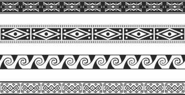 Kusursuz tek renkli Hint süslemelerinin vektör seti. Sınırlar, çerçeveler, Amerika, Aztek, Maya, İnkalar 'ın yerli halklarının desenleri..