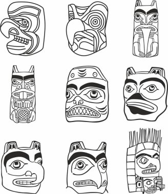 Tek renkli Kızılderili sembollerinin vektör seti. Amerikan yerlilerinin, Azteklerin, Maya 'ların, incaların ulusal süslemeleri. Haida maskesi.