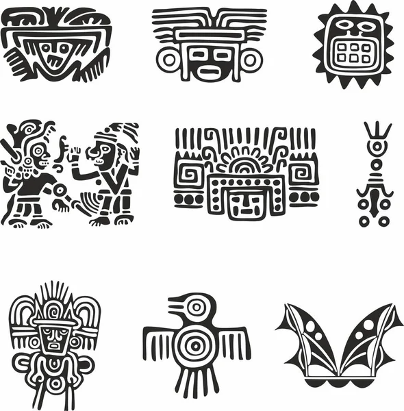 Conjunto Vetorial Símbolos Indianos Monocromáticos Ornamento Nacional Nativos Americanos Aztecas — Vetor de Stock