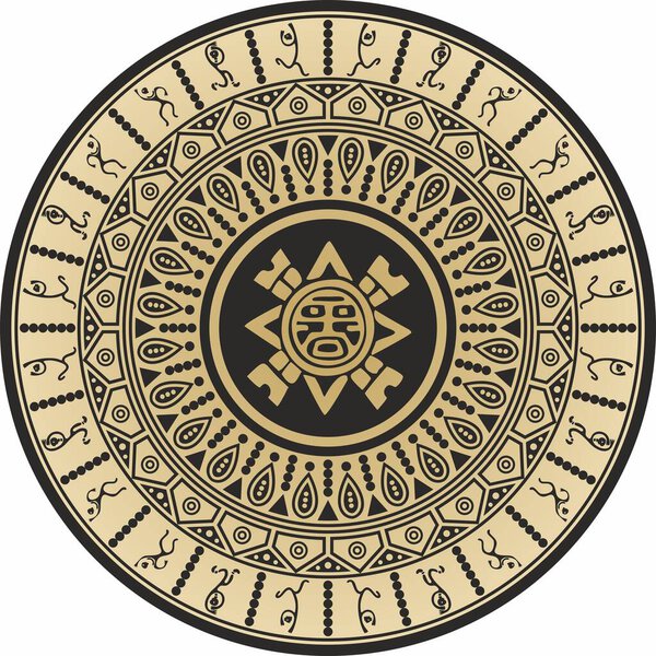 Индейский векторный круглый золотой узор. Геометрические фигуры в круге. Национальный орнамент народов Америки, майя, ацтеки, инки