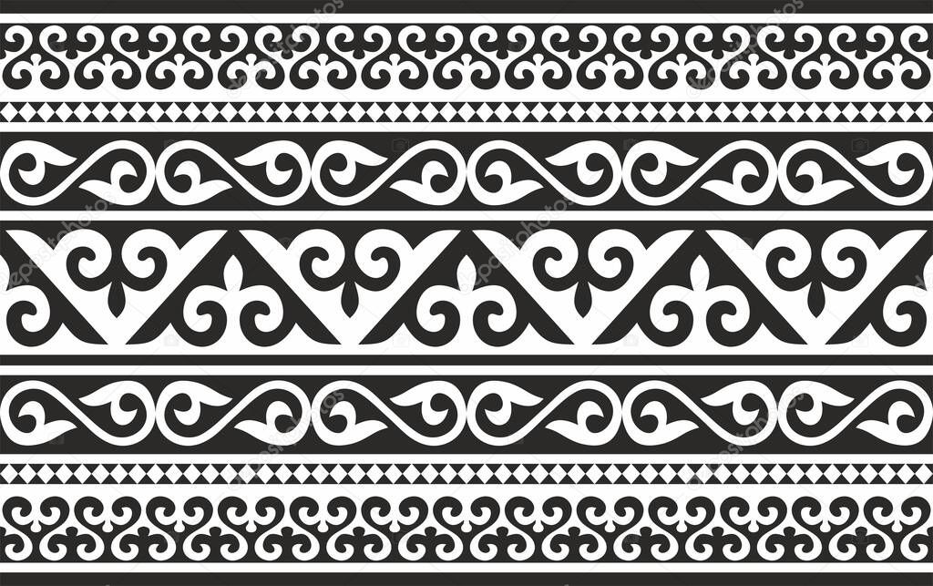 Vector monochrome seamless Kazakh national ornament. Ethnic pattern of the nomadic peoples of the great steppe, the Turks. Border, frame Mongols, Kyrgyz, Buryats, Kalmyks.