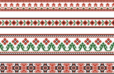 Vektör renksiz Ukrayna ulusal süsü, nakış. Slav halkının çerçevesi, sınırsız etnik çiçek sınırı. Kızıl haç dikişi.