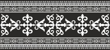 Vektör monokrom dikişsiz Kazak ulusal süsü. Büyük bozkırın göçebe halklarının etnik düzeni, Türkler. Sınır, çerçeve Moğollar, Kırgız, Buryatlar, Kalmikler.