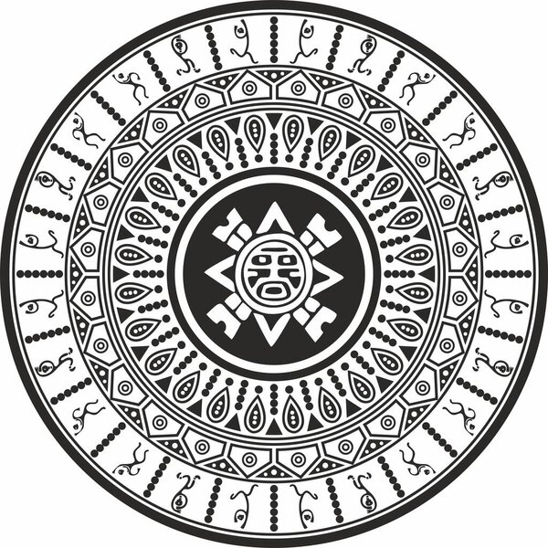 Векторный монохромный ацтекский ритуальный круг. Геометрический круглый орнамент коренных американцев. Драгоценности древних шаманов.