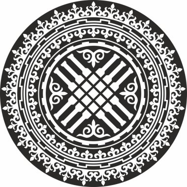 Vector monokrome Kazak ulusal süs shanyrak. Yurt dekorasyonu. Büyük bozkırların, Kirghiz 'in, Kalmyks' in, Buryatların, Moğolların göçebe ırk kalıpları.